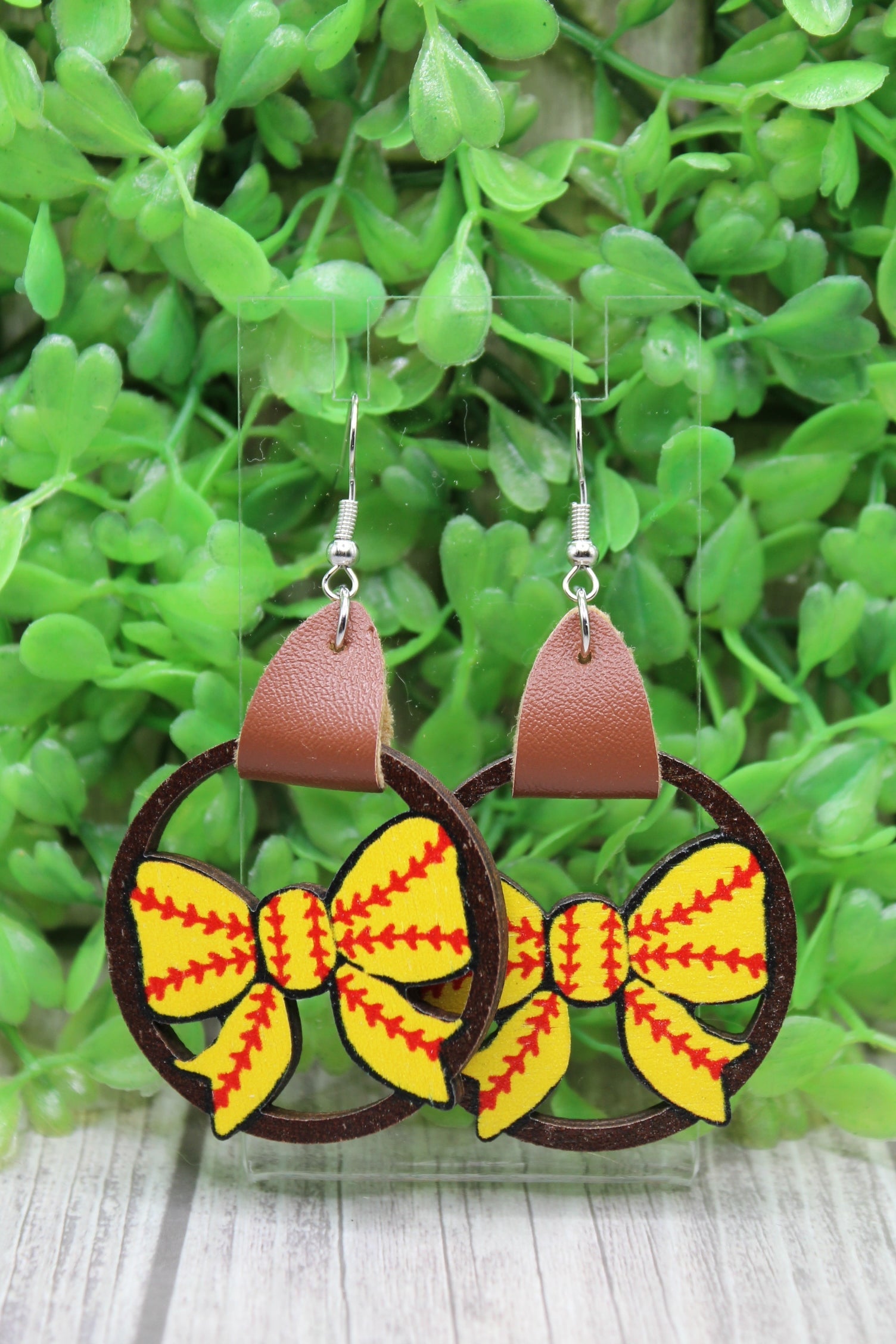 Softball Bow Circle Wooden Dangle Earrings