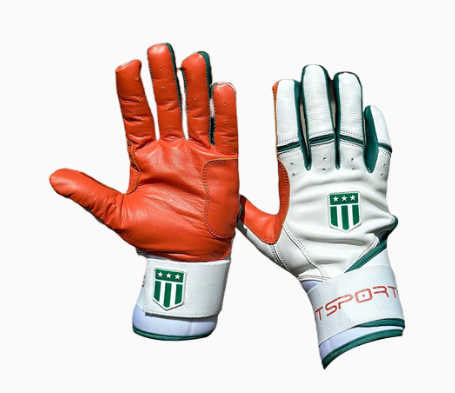 Long cuff White Glove with an Orange Palm and Green Trim Stock-2