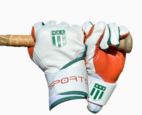 Long cuff White Glove with an Orange Palm and Green Trim Stock-0